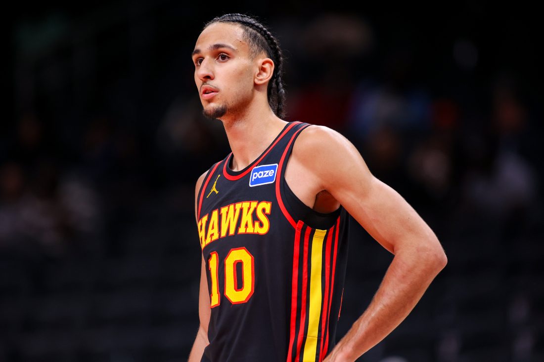 Feb 20, 2026; Atlanta, Georgia, USA; Atlanta Hawks forward Zaccharie Risacher (10) in action against the Miami Heat in the fourth quarter at State Farm Arena.