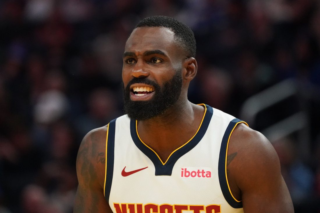 Feb 22, 2026; San Francisco, California, USA; Denver Nuggets guard-forward Tim Hardaway Jr. (10) talks with the referee during a game against the Golden State Warriors in the third quarter at Chase Center. Mandatory Credit: David Gonzales-Imagn Images