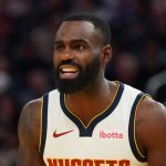 Feb 22, 2026; San Francisco, California, USA; Denver Nuggets guard-forward Tim Hardaway Jr. (10) talks with the referee during a game against the Golden State Warriors in the third quarter at Chase Center. Mandatory Credit: David Gonzales-Imagn Images