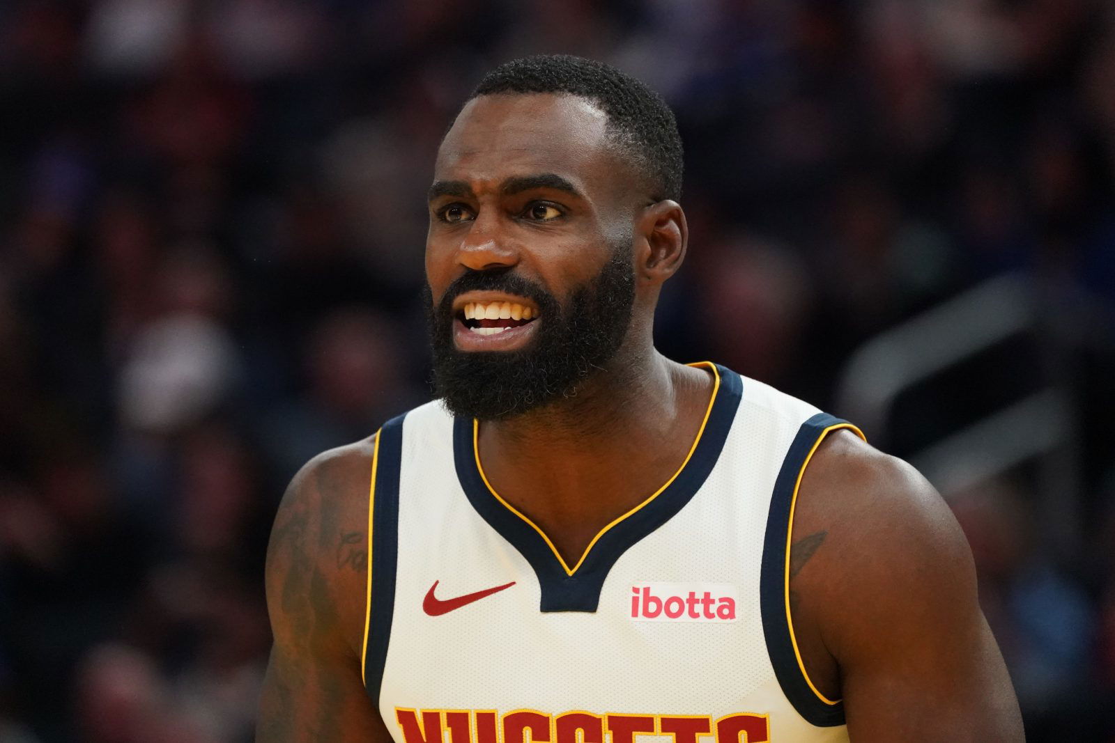 Feb 22, 2026; San Francisco, California, USA; Denver Nuggets guard-forward Tim Hardaway Jr. (10) talks with the referee during a game against the Golden State Warriors in the third quarter at Chase Center. Mandatory Credit: David Gonzales-Imagn Images