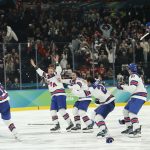 Feb 22, 2026; Milan, Italy; Jack Hughes #86 of Team United States celebrates with teammates after scoring the golden goal in overtime against Team Canada during the Milano Cortina 2026 Olympic Winter Games at Milano Santagiulia Ice Hockey Arena. Mandatory Credit: Geoff Burke-Imagn Images