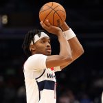 Feb 22, 2026; Washington, District of Columbia, USA; Washington Wizards guard Bilal Coulibaly (0) takes a shot during the first half against the Charlotte Hornets at Capital One Arena. Mandatory Credit: Daniel Kucin Jr.-Imagn Images