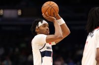 Feb 22, 2026; Washington, District of Columbia, USA; Washington Wizards guard Bilal Coulibaly (0) takes a shot during the first half against the Charlotte Hornets at Capital One Arena. Mandatory Credit: Daniel Kucin Jr.-Imagn Images