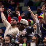 Feb 24, 2026; New Orleans, Louisiana, USA; New Orleans Pelicans fans react to a play against the Golden State Warriors during the first half at Smoothie King Center. Mandatory Credit: Stephen Lew-Imagn Images