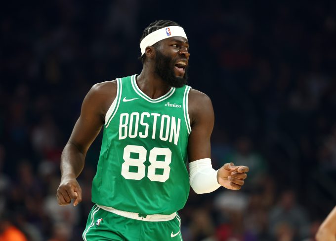 Feb 24, 2026; Phoenix, Arizona, USA; Boston Celtics center Neemias Queta (88) reacts against the Phoenix Suns in the first half at Mortgage Matchup Center.