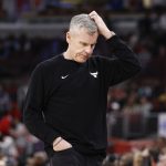 Feb 26, 2026; Chicago, Illinois, USA; Chicago Bulls head coach Billy Donovan reacts during the first half of an NBA game against the Portland Trail Blazers at United Center.