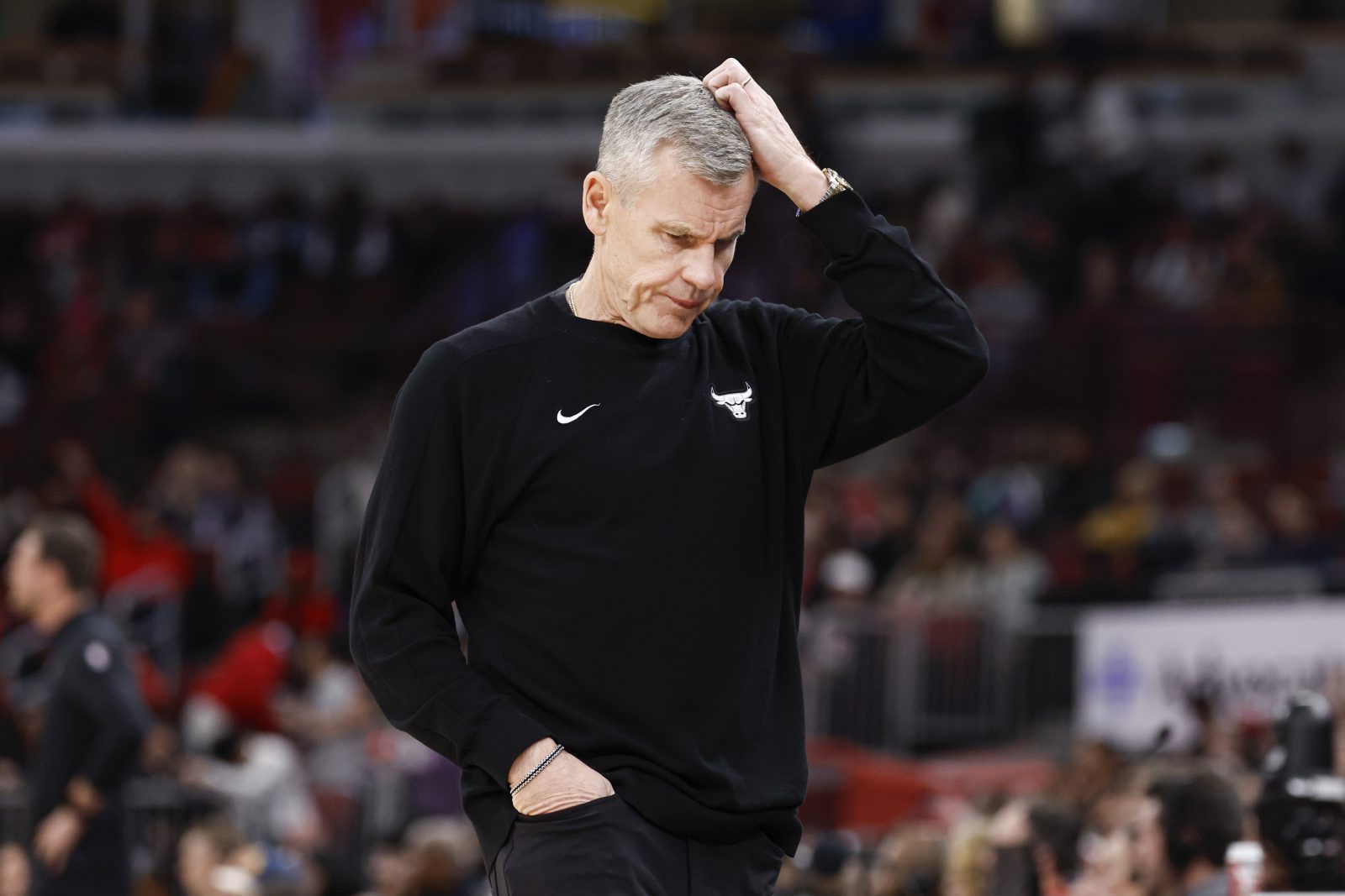 Feb 26, 2026; Chicago, Illinois, USA; Chicago Bulls head coach Billy Donovan reacts during the first half of an NBA game against the Portland Trail Blazers at United Center.