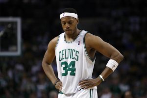 May 24, 2010; Boston, MA, USA; Boston Celtics forward Paul Pierce (34) reacts during the third quarter in game four of the eastern conference finals in the 2010 NBA playoffs against the Orlando Magic at TD Garden. The Magic won 96-92. Mandatory Credit: David Butler II-USA TODAY Sports