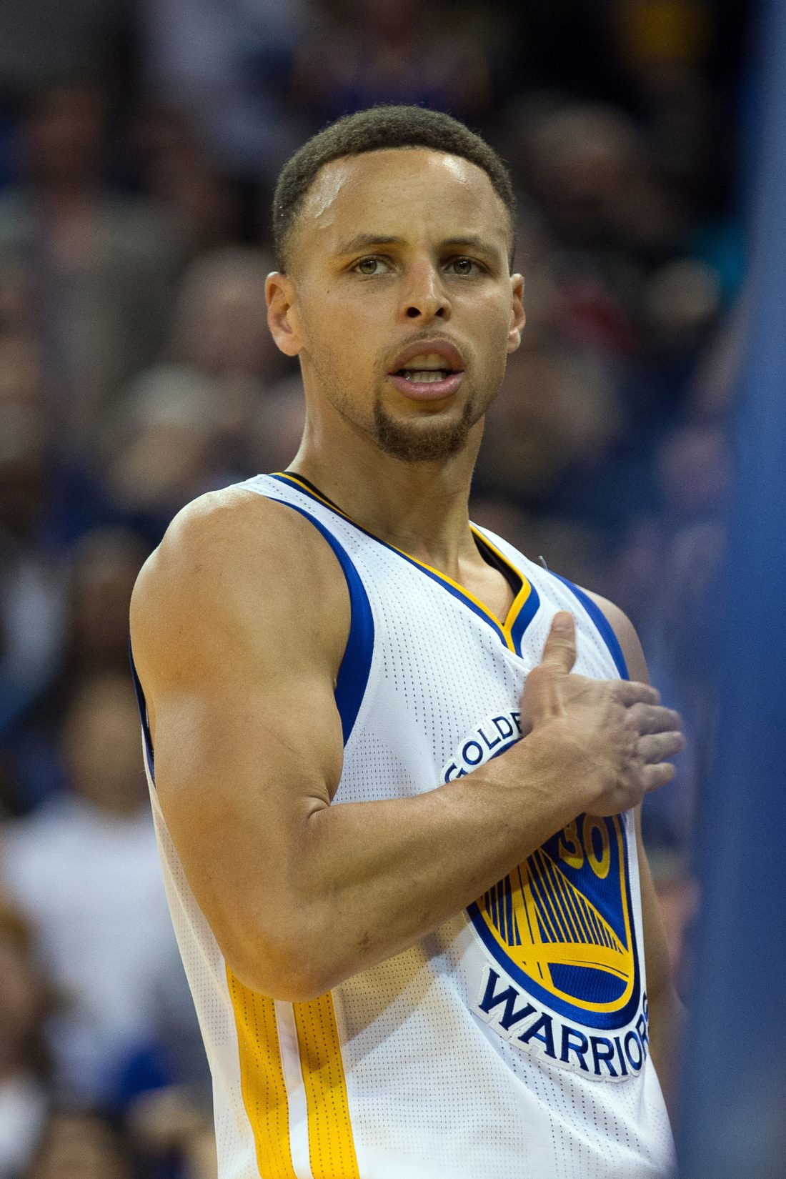 Mar 3, 2016; Oakland, CA, USA; Golden State Warriors guard Stephen Curry (30) celebrates after a play against the Oklahoma City Thunder during the fourth quarter at Oracle Arena. The Golden State Warriors defeated the Oklahoma City Thunder 121-106.