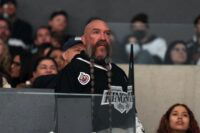 Mar 28, 2022; Los Angeles, California, USA; UFC and MMA referee Mike Beltran watches in the second period of the NHL game between the LA Kings and the Seattle Kraken at Crypto.com Arena. Mandatory Credit: Kirby Lee-USA TODAY Sports