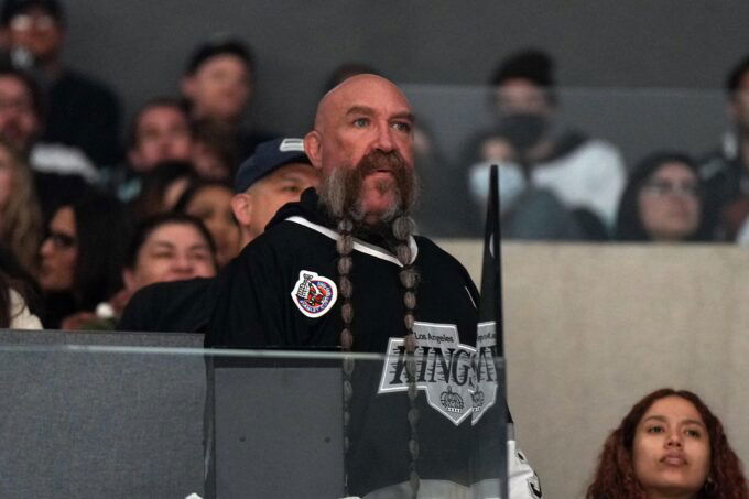 Mar 28, 2022; Los Angeles, California, USA; UFC and MMA referee Mike Beltran watches in the second period of the NHL game between the LA Kings and the Seattle Kraken at Crypto.com Arena. Mandatory Credit: Kirby Lee-USA TODAY Sports