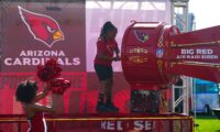Cardinals fans sound the siren during a Cardinals draft party outside State Farm Stadium in Glendale on April 27, 2023. Nfl Arizona Cardinals Draft Party At State Farm Stadium Great Lawn