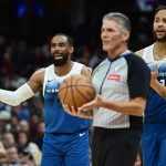 Mar 8, 2024; Cleveland, Ohio, USA; Minnesota Timberwolves guard Mike Conley (10) and forward Kyle Anderson (1) react after a foul call during the second half against the Cleveland Cavaliers at Rocket Mortgage FieldHouse. Mandatory Credit: Ken Blaze-USA TODAY Sports