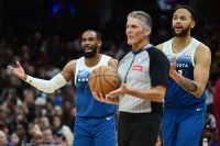 Mar 8, 2024; Cleveland, Ohio, USA; Minnesota Timberwolves guard Mike Conley (10) and forward Kyle Anderson (1) react after a foul call during the second half against the Cleveland Cavaliers at Rocket Mortgage FieldHouse. Mandatory Credit: Ken Blaze-USA TODAY Sports