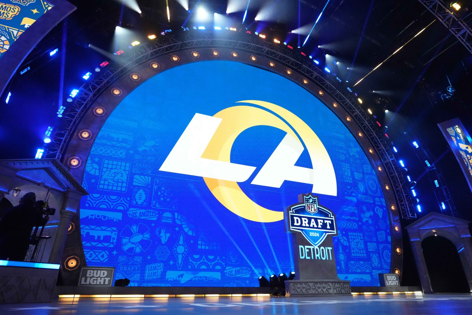 Apr 25, 2024; Detroit, MI, USA; A Los Angeles Rams logo at the 2024 NFL Draft at Campus Martius Park and Hart Plaza. Mandatory Credit: Kirby Lee-USA TODAY Sports