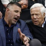 Apr 23, 2025; Boston, Massachusetts, USA; New England Patriots head coach Mike Vrabel, left, talks with Patriots owner Robert Kraft courtside during the second half of game two of the first round of the 2024 NBA Playoffs between the Boston Celtics and the Orlando Magic at TD Garden. Mandatory Credit: Winslow Townson-Imagn Images
