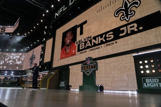 Kelvin Banks Jr., OT, Texas was was selected 9th overall by the New Orleans Saints during the first round of the 2025 NFL Draft at Lambeau Field on April 24, 2025 in Green Bay, Wisconsin.