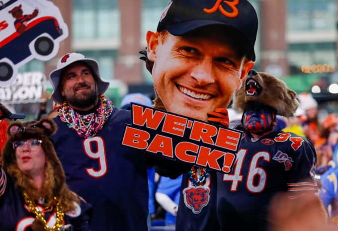 Chicago Bears fans hold up a sign before the first round of the 2025 NFL Draft on Thursday, April 24, 2025, at Lambeau Field in Green Bay, Wisconsin. The draft runs through April 26. Tork Mason/USA TODAY NETWORK-Wisconsin