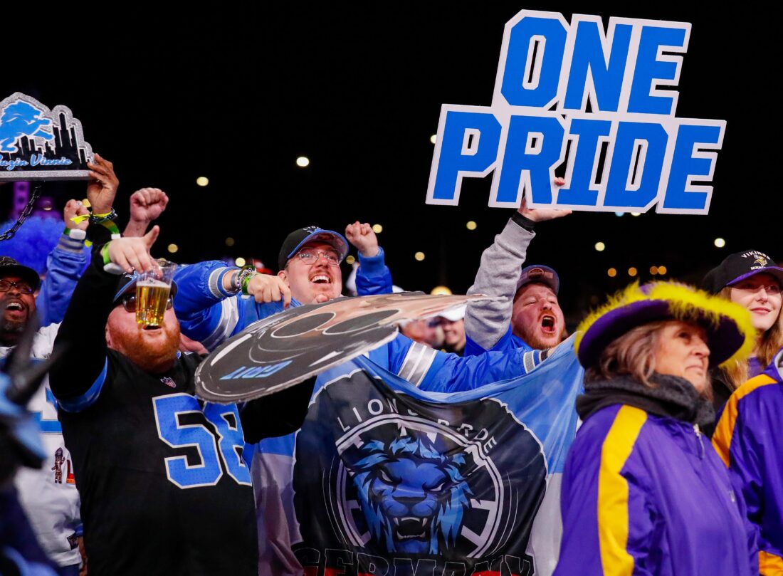 Detroit Lions fans cheer after the team selects Arkansas wide receiver Isaac TeSlaa with the 70th overall pick during the third round of the 2025 NFL Draft on Friday, April 25, 2025, at Lambeau Field in Green Bay, Wisconsin. The draft runs through April 26. Tork Mason/USA TODAY NETWORK-Wisconsin