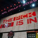 Apr 24, 2025; Green Bay, WI, USA; The San Francisco 49ers logo is projected on the video board during the NFL Draft at Lambeau Field. Mandatory Credit: Kirby Lee-Imagn Images
