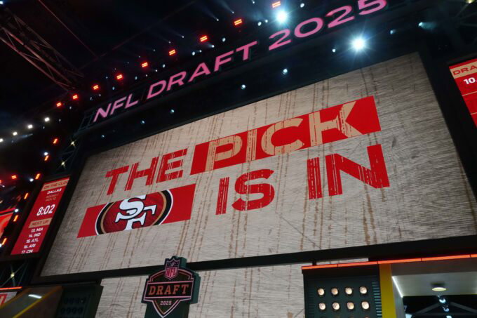 Apr 24, 2025; Green Bay, WI, USA; The San Francisco 49ers logo is projected on the video board during the NFL Draft at Lambeau Field. Mandatory Credit: Kirby Lee-Imagn Images