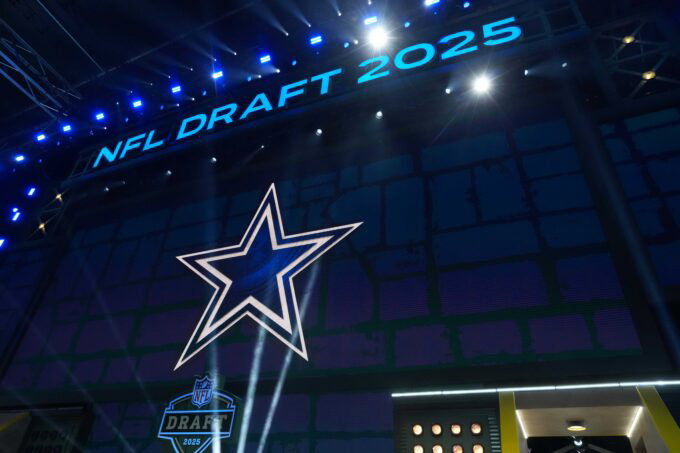 Apr 24, 2025; Green Bay, WI, USA; The Dallas Cowboys logo is projected on the video board during the NFL Draft at Lambeau Field. Mandatory Credit: Kirby Lee-Imagn Images