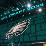 Apr 24, 2025; Green Bay, WI, USA; The Philadelphia Eagles logo is projected on the video board during the NFL Draft at Lambeau Field. Mandatory Credit: Kirby Lee-Imagn Images