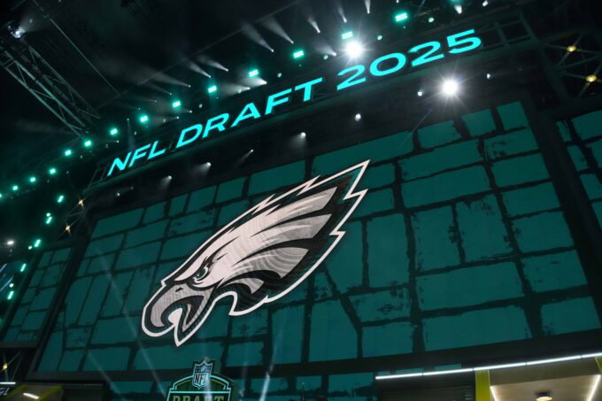 Apr 24, 2025; Green Bay, WI, USA; The Philadelphia Eagles logo is projected on the video board during the NFL Draft at Lambeau Field. Mandatory Credit: Kirby Lee-Imagn Images