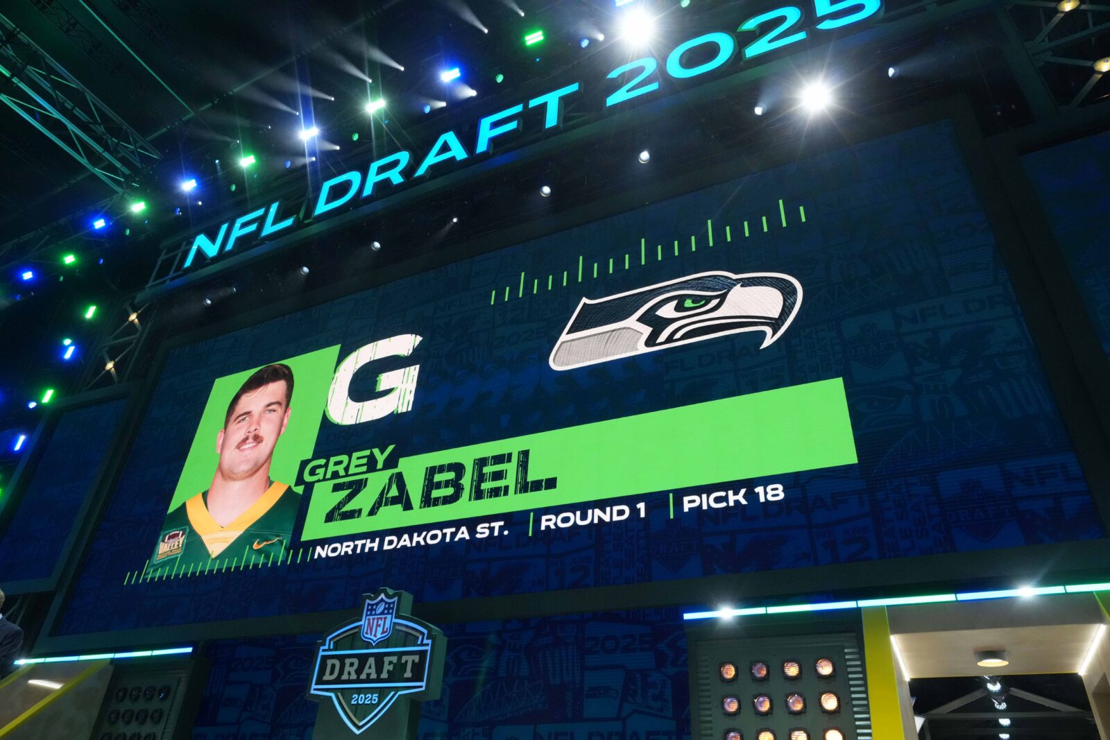 Apr 24, 2025; Green Bay, WI, USA; North Dakota State guard Grey Zabel is selected as the No. 18 pick by the Seattle Seahawks during the NFL Draft at Lambeau Field. Mandatory Credit: Kirby Lee-Imagn Images