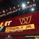 Apr 24, 2025; Green Bay, WI, USA; Oregon Ducks tackle Josh Conerly Jr. is selected as the No. 29 pick by the Washington Commanders during the NFL Draft at Lambeau Field. Mandatory Credit: Kirby Lee-Imagn Images