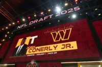 Apr 24, 2025; Green Bay, WI, USA; Oregon Ducks tackle Josh Conerly Jr. is selected as the No. 29 pick by the Washington Commanders during the NFL Draft at Lambeau Field. Mandatory Credit: Kirby Lee-Imagn Images