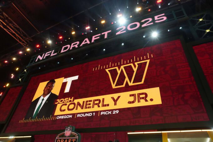 Apr 24, 2025; Green Bay, WI, USA; Oregon Ducks tackle Josh Conerly Jr. is selected as the No. 29 pick by the Washington Commanders during the NFL Draft at Lambeau Field. Mandatory Credit: Kirby Lee-Imagn Images