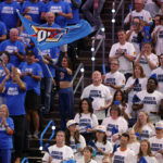 May 28, 2025; Oklahoma City, Oklahoma, USA; Oklahoma City Thunder fans cheer in game five of the western conference finals between the Oklahoma City Thunder and the Minnesota Timberwolves for the 2025 NBA Playoffs at Paycom Center. Mandatory Credit: Alonzo Adams-Imagn Images