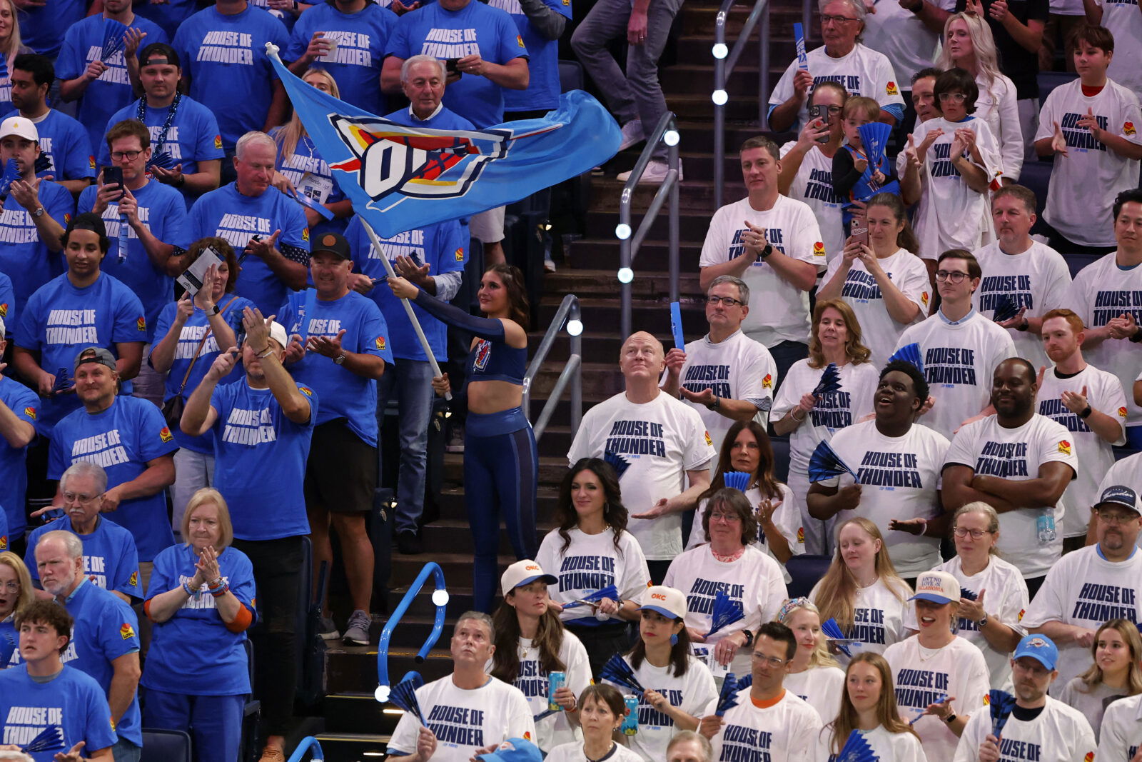 May 28, 2025; Oklahoma City, Oklahoma, USA; Oklahoma City Thunder fans cheer in game five of the western conference finals between the Oklahoma City Thunder and the Minnesota Timberwolves for the 2025 NBA Playoffs at Paycom Center. Mandatory Credit: Alonzo Adams-Imagn Images