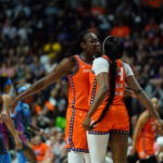 Jun 6, 2025; Uncasville, Connecticut, USA; Connecticut Sun center Tina Charles (31) and forward Aneesah Morrow (24) react after a play against the Atlanta Dream in the second half at Mohegan Sun Arena.