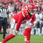 Aug 22, 2025; Kansas City, Missouri, USA; Kansas City Chiefs offensive tackle Jawaan Taylor (74) at the line of scrimmage against the Chicago Bears during the game at GEHA Field at Arrowhead Stadium. Mandatory Credit: Denny Medley-Imagn Images