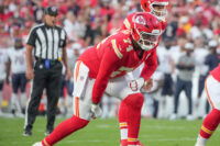 Aug 22, 2025; Kansas City, Missouri, USA; Kansas City Chiefs offensive tackle Jawaan Taylor (74) at the line of scrimmage against the Chicago Bears during the game at GEHA Field at Arrowhead Stadium. Mandatory Credit: Denny Medley-Imagn Images