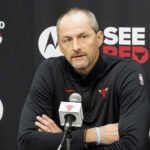 Sep 29, 2025; Chicago, IL, USA; Chicago Bulls Arturas Karnisovas, executive vice president of basketball operations talks to the press on Media Day. Mandatory Credit: David Banks-Imagn Images