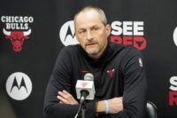 Sep 29, 2025; Chicago, IL, USA; Chicago Bulls Arturas Karnisovas, executive vice president of basketball operations talks to the press on Media Day. Mandatory Credit: David Banks-Imagn Images