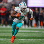 Oct 26, 2025; Atlanta, Georgia, USA; Miami Dolphins wide receiver Jaylen Waddle (17) scores a touchdown against the Atlanta Falcons in the third quarter at Mercedes-Benz Stadium. Mandatory Credit: Brett Davis-Imagn Images
