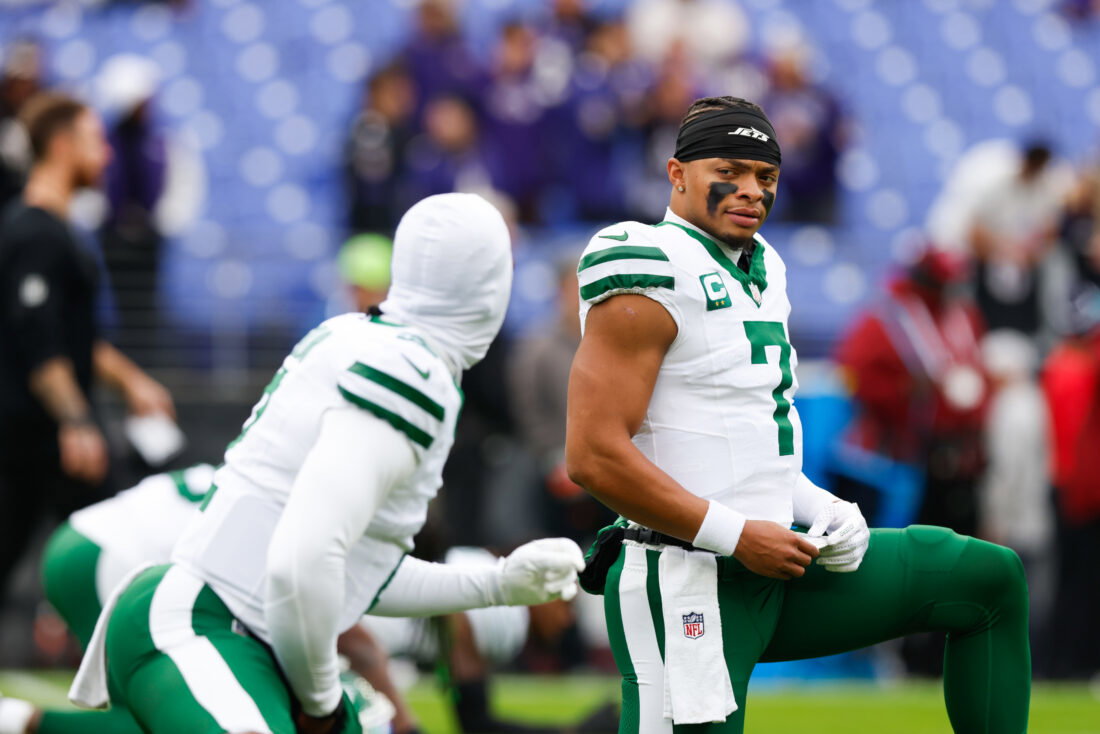 Nov 23, 2025; Baltimore, Maryland, USA; New York Jets quarterback Justin Fields (7) looks on before the game against the Baltimore Ravens at M&T Bank Stadium. Mandatory Credit: Peter Casey-Imagn Images
