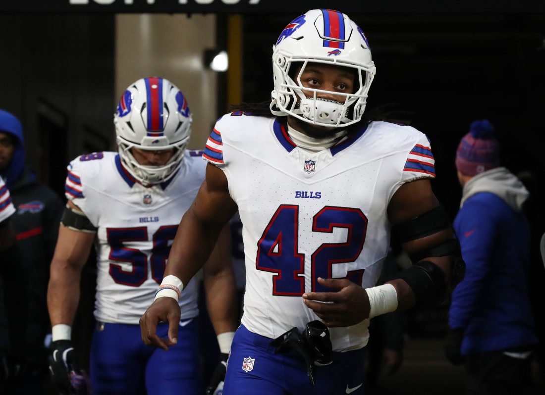 Nov 30, 2025; Pittsburgh, Pennsylvania, USA; Buffalo Bills linebacker Dorian Williams (42) takes the field against the Pittsburgh Steelers at Acrisure Stadium. Mandatory Credit:
