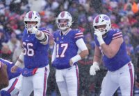 Buffalo Bills center Connor McGovern, Buffalo Bills quarterback Josh Allen and Buffalo Bills guard David Edwards get ready to line up during first half action at Highmark Stadium in Orchard Park on Dec. 7, 2025.