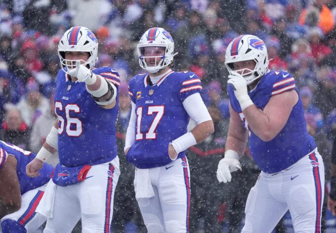 Buffalo Bills center Connor McGovern, Buffalo Bills quarterback Josh Allen and Buffalo Bills guard David Edwards get ready to line up during first half action at Highmark Stadium in Orchard Park on Dec. 7, 2025.