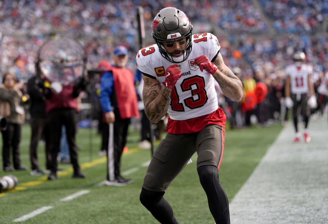 Dec 21, 2025; Charlotte, North Carolina, USA; Tampa Bay Buccaneers wide receiver Mike Evans (13) reacts a touchdown during the first half against the Carolina Panthers at Bank of America Stadium. Mandatory Credit: Jim Dedmon-Imagn Images