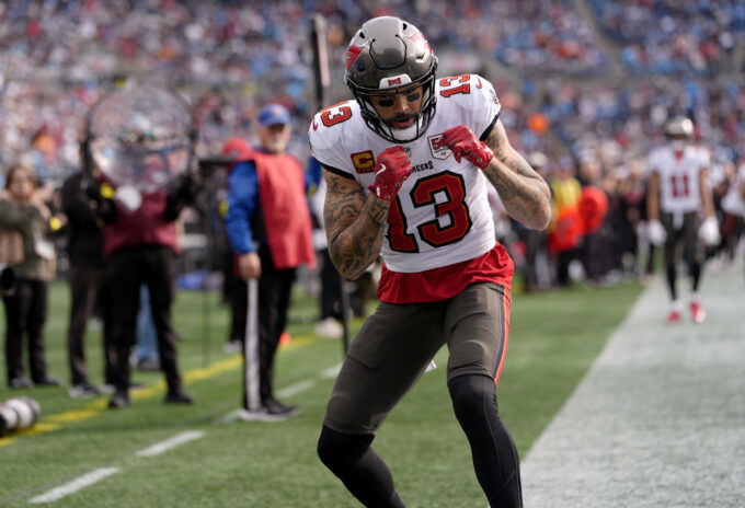 Dec 21, 2025; Charlotte, North Carolina, USA; Tampa Bay Buccaneers wide receiver Mike Evans (13) reacts a touchdown during the first half against the Carolina Panthers at Bank of America Stadium. Mandatory Credit: Jim Dedmon-Imagn Images