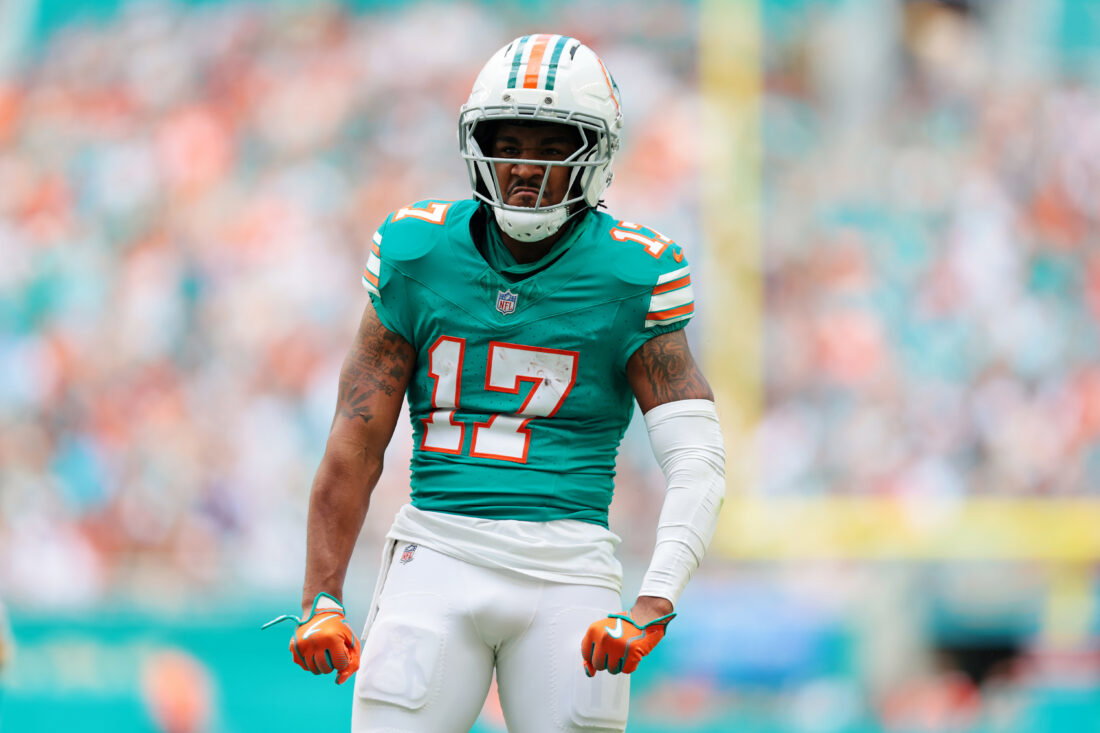 Dec 21, 2025; Miami Gardens, Florida, USA; Miami Dolphins wide receiver Jaylen Waddle (17) reacts during the second quarter against the Cincinnati Bengals at Hard Rock Stadium. Mandatory Credit: