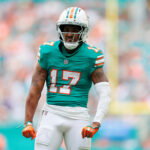 Dec 21, 2025; Miami Gardens, Florida, USA; Miami Dolphins wide receiver Jaylen Waddle (17) reacts during the second quarter against the Cincinnati Bengals at Hard Rock Stadium. Mandatory Credit: