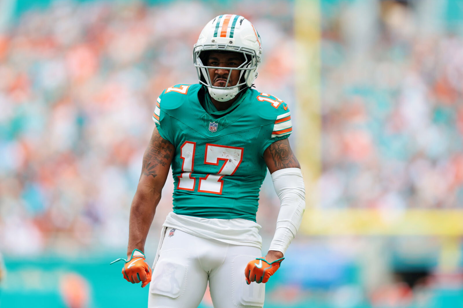 Dec 21, 2025; Miami Gardens, Florida, USA; Miami Dolphins wide receiver Jaylen Waddle (17) reacts during the second quarter against the Cincinnati Bengals at Hard Rock Stadium. Mandatory Credit: