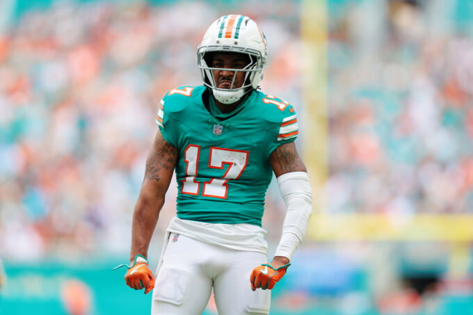 Dec 21, 2025; Miami Gardens, Florida, USA; Miami Dolphins wide receiver Jaylen Waddle (17) reacts during the second quarter against the Cincinnati Bengals at Hard Rock Stadium. Mandatory Credit:
